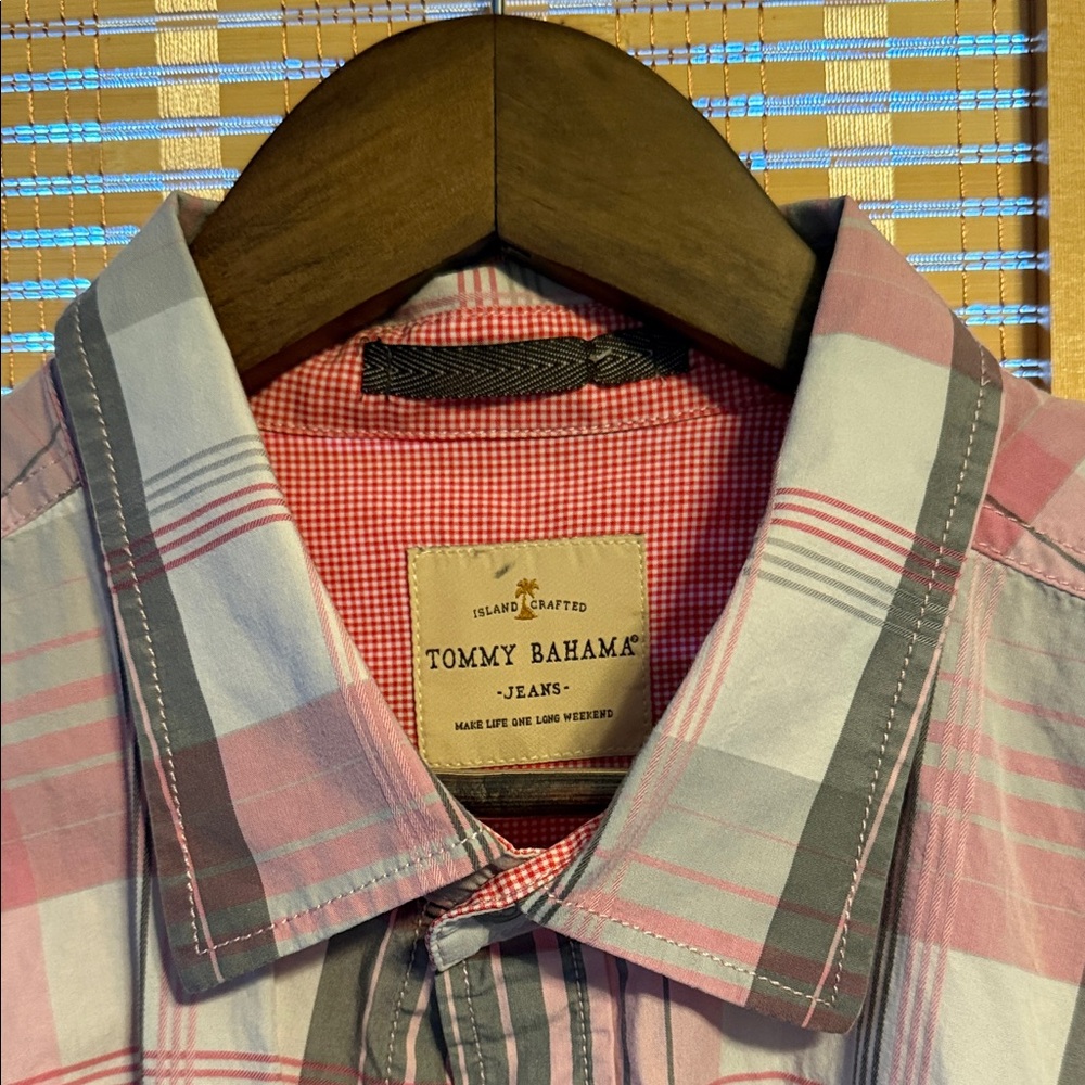 Tommy Bahama Men's Casual Pink and Gray Checkered Shirt